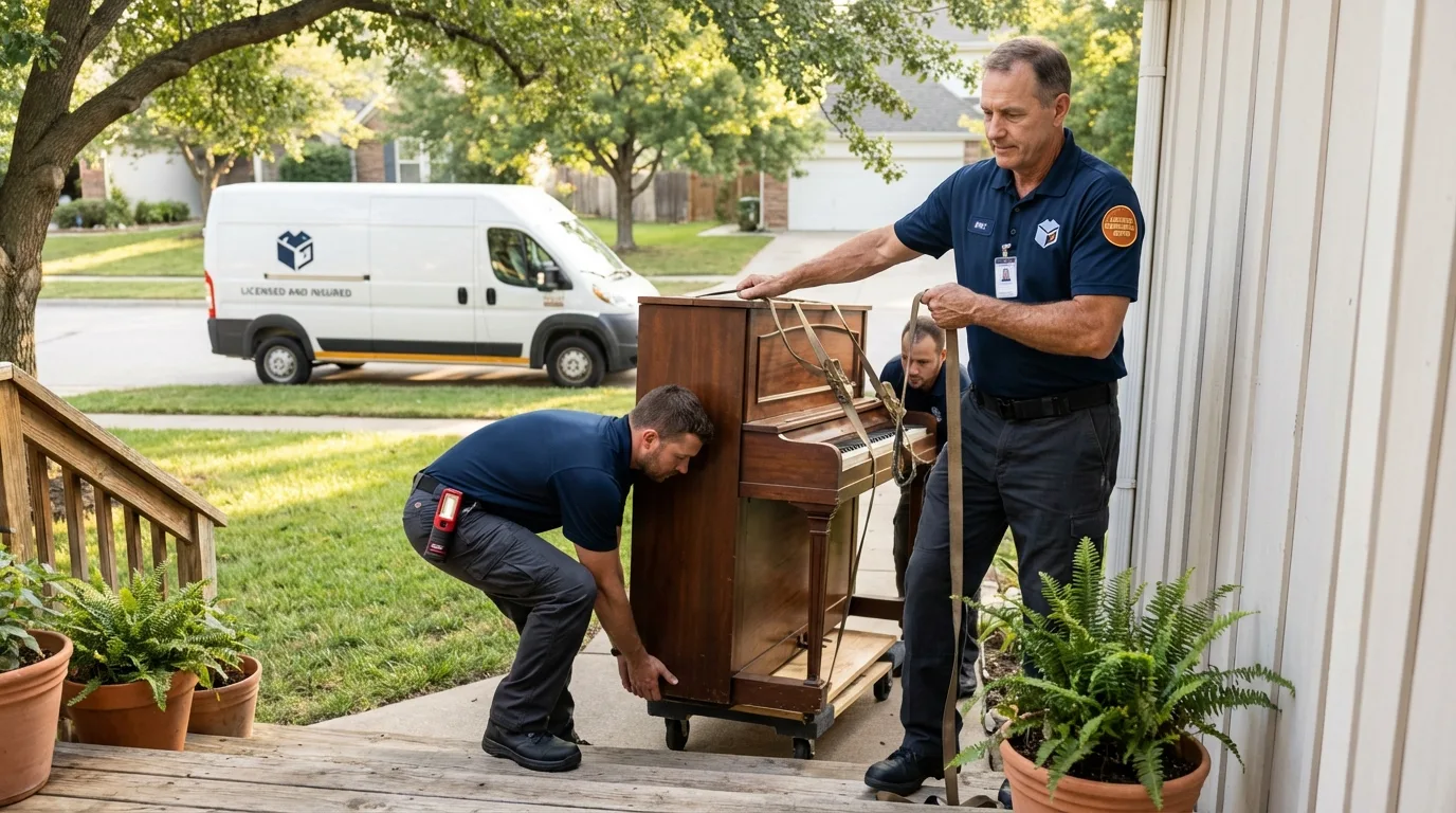 Licensed piano movers securing grand piano in Forsyth, MO