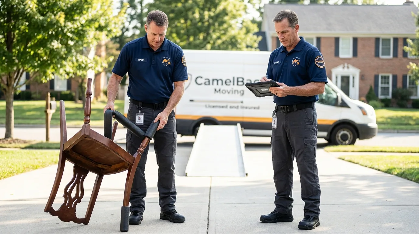 Movers inspecting furniture for damage prevention before loading in Forsyth, MO
